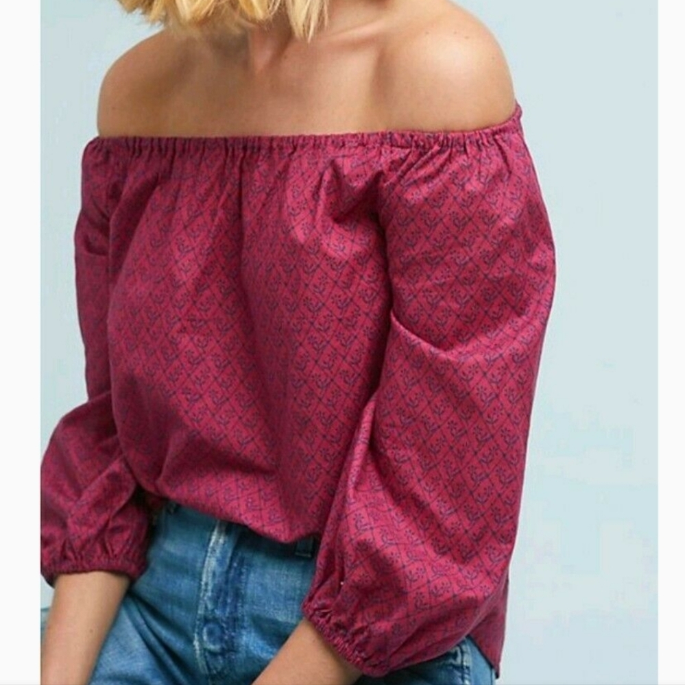 Anthropologie Maeve Red Raspberry Floral Off The Shoulder Blouse